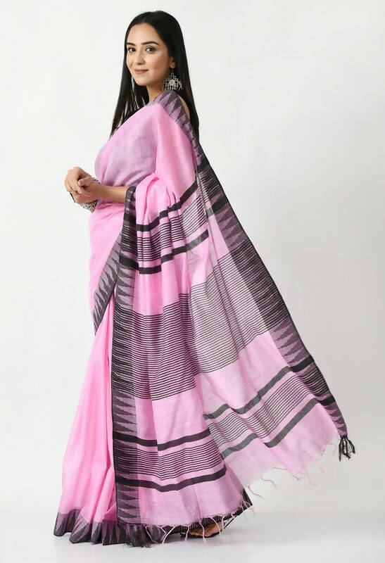 Mominos Fashion Moeza Baby Pink Bhagalpuri Handloom Silk Black Temple Border Saree with unstitched Blouse piece | Grocsy
