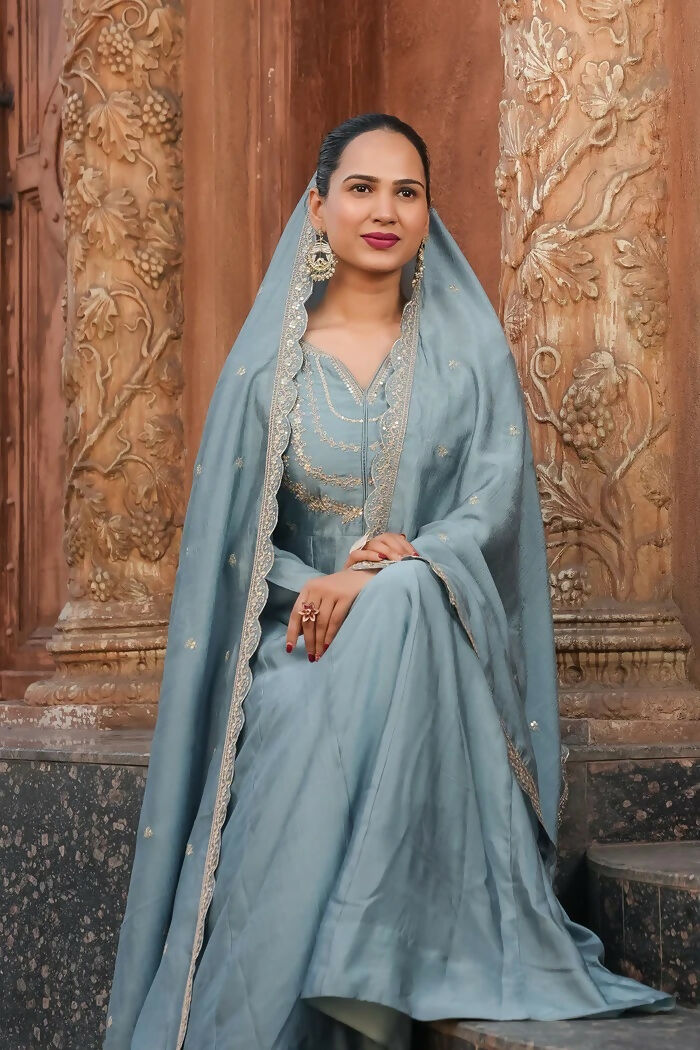 The52 Teal Blue Women's Gorgeous Vichitra Silk Fabric Embroidered Work Flared Anarkali Pant and Dupatta Set | Grocsy