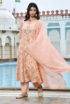 Vaasva Women's Peach Cotton Anarkali Set With Solid Pant And Embroidered Dupatta | Grocsy