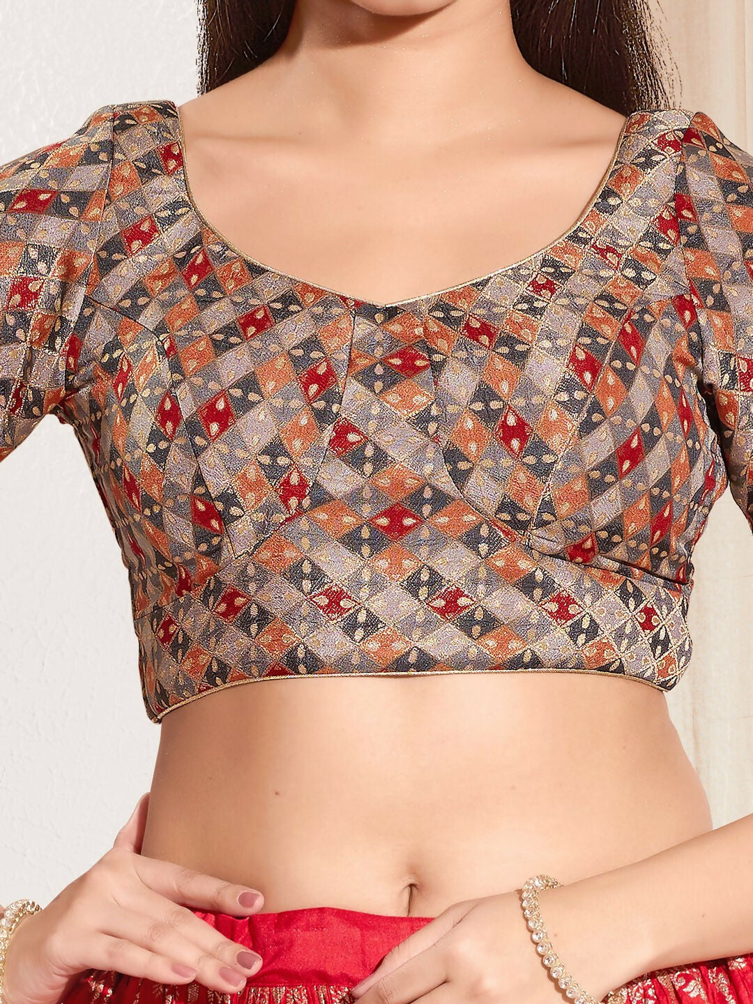 Joban Fashion Grey Jacquard Padded Blouse With Round Neck Elbow Sleeves | Grocsy