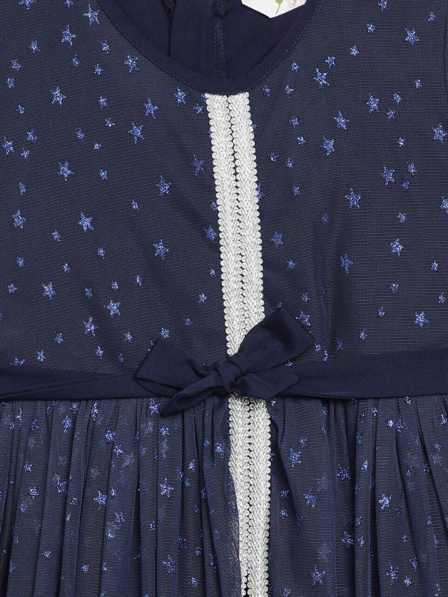 Ahalyaa Navy Blue Net Foil Print Kids Dress For Girls | Grocsy