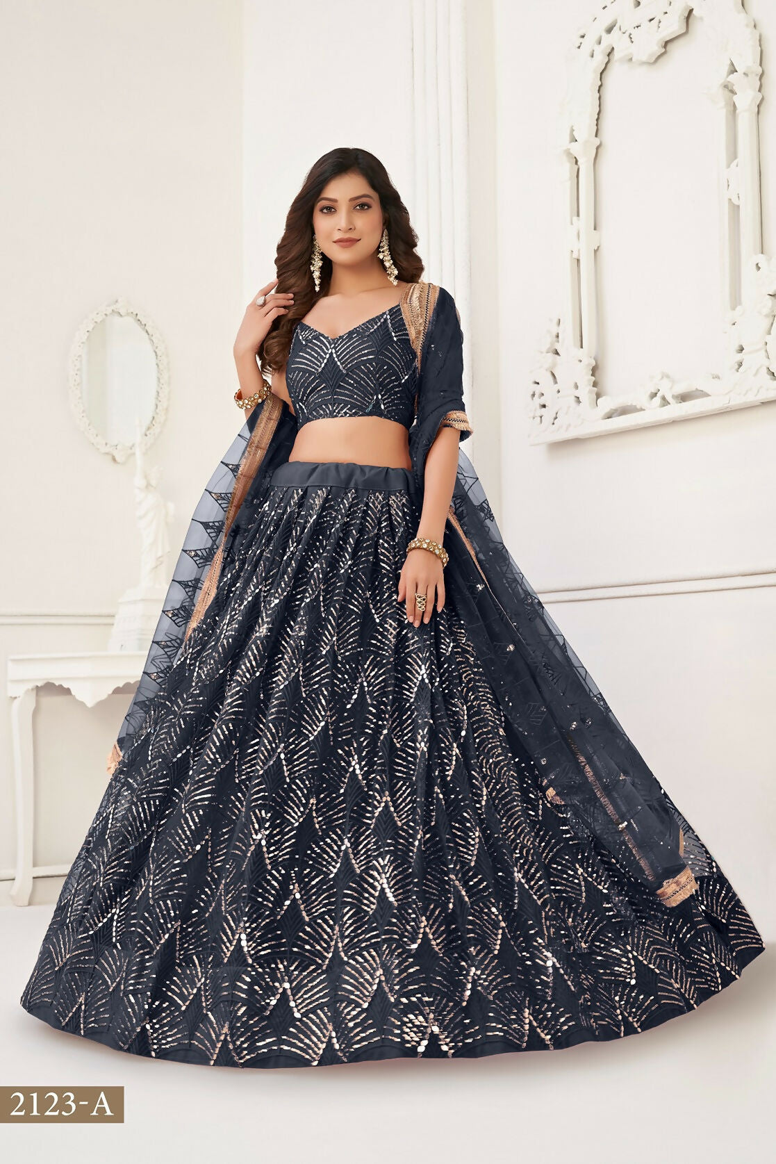 Eilara Glamorous Black Net With Sequins And Thread Embroidery Real Mirror Work Lehenga Choli For Wedding | Grocsy