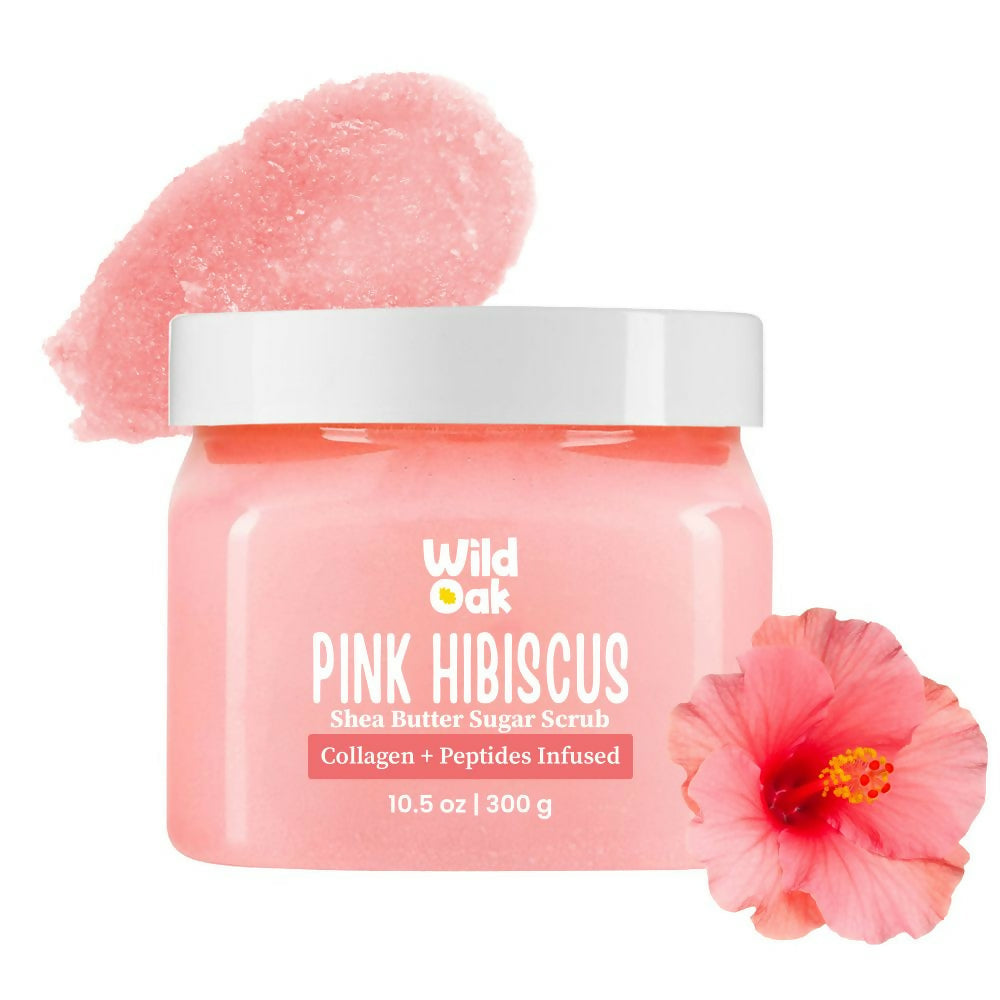 Wild Oak Pink Hibiscus Shea Butter Sugar Scrub with Ascorbic Acid, Vegan Collagen & Peptides For Tan Removal & Smooth Skin | Grocsy
