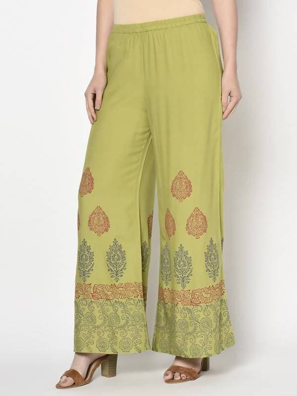 Aniyah Rayon Parrot Green Color Block Print Flared Slip-On Palazzo (AN-196K) | Grocsy