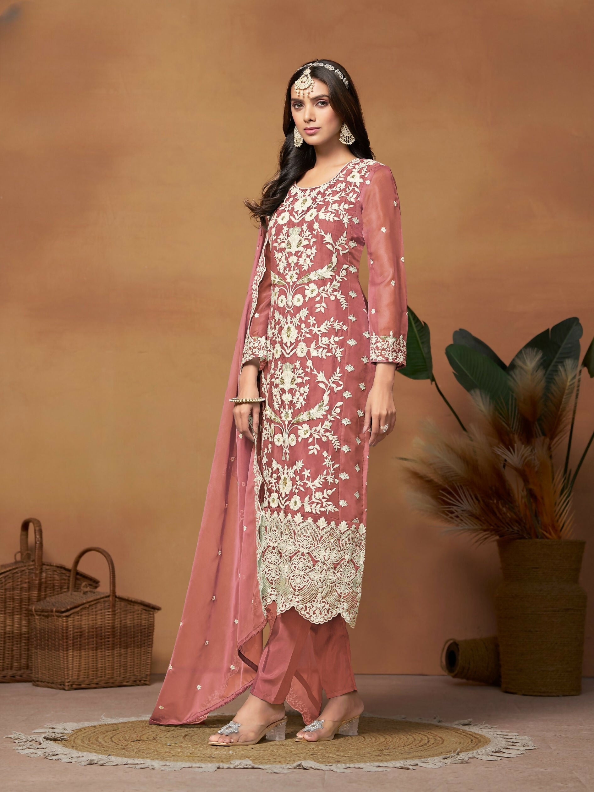 Anaita Peach Embroidered Soft Organza Salwar Suit | Grocsy