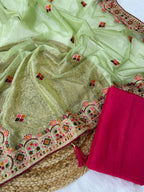 Vastranavya Twill Net Designer Embroidery & Colour Thread & Diamond work Saree with Blouse Material - Mint Green | Grocsy