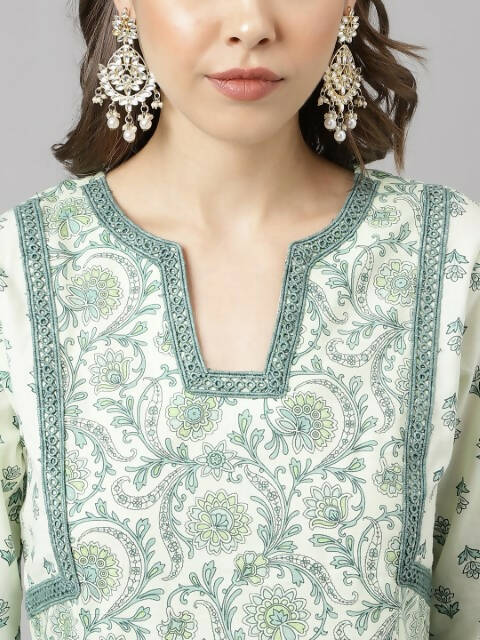 FIORRA Women's Sea Green Cotton A-Line Kurta Set | Grocsy
