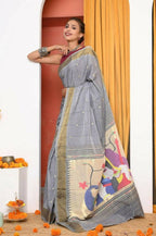 Very Much Indian Handloom Grey Cotton Paithani With Radha Krishna Pallu | Grocsy