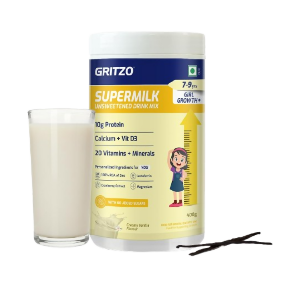 Gritzo SuperMilk Growth+ (Formerly Height+) Unsweetened Drink Mix (7-9y Girls), 10g Protein Powder- Creamy Vanilla | Grocsy