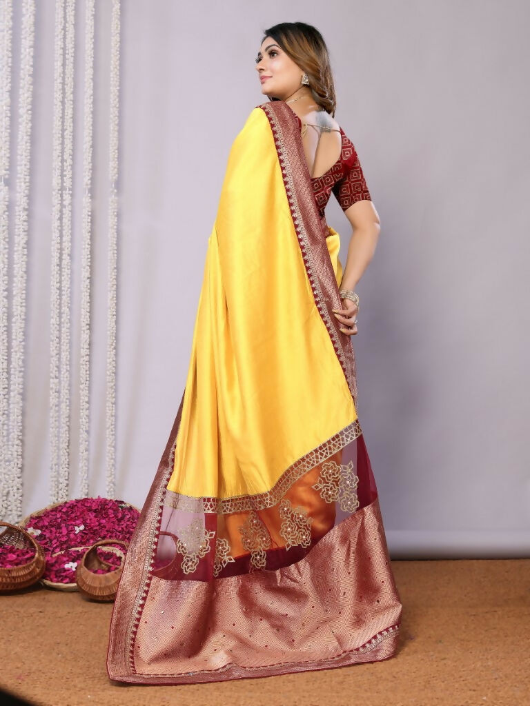 Yellow Silk Georgette Cord And Sequins Embroidery Laser Cut Applique Work Saree - Norita Saumya | Grocsy