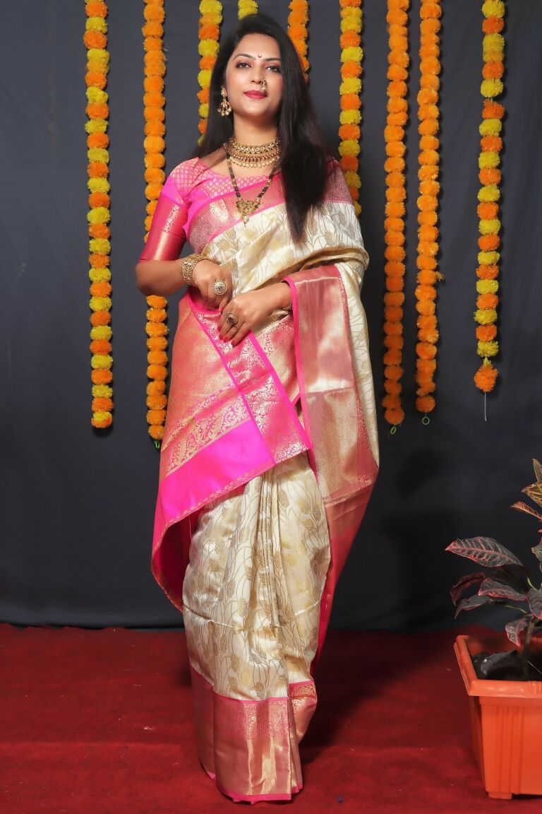 Jyoti Fashion Women's Off White Kanjivaram Silk Zari Woven Saree with Blouse | Grocsy