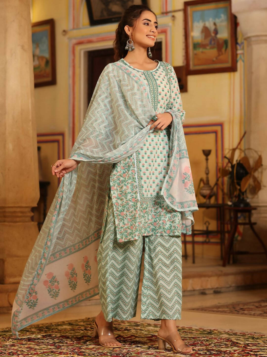 Juniper Women's Seagreen Cambric Floral Printed Kurta Palazzo Set | Grocsy
