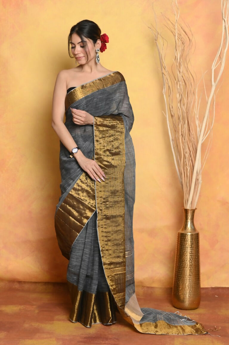 Very Much Indian Handloom Pure Cotton Linen Saree With Golden Border - Grey Gold | Grocsy