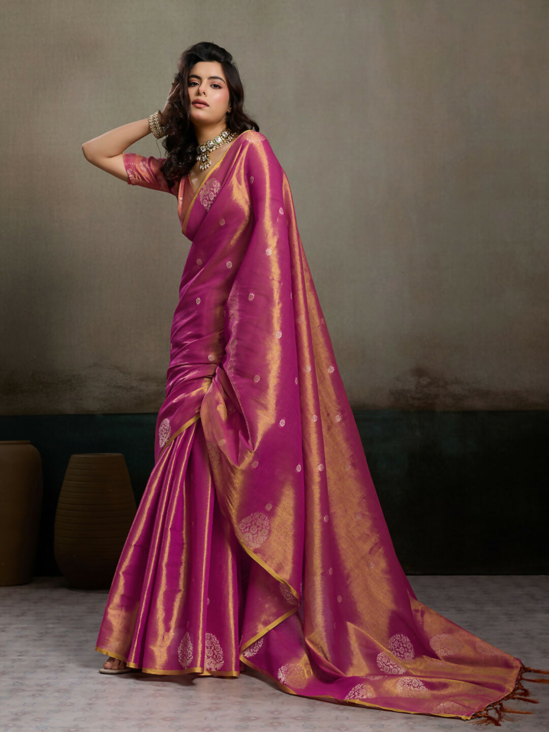 Shree Shyam Fashion Magenta Tissue Silk Saree | Grocsy