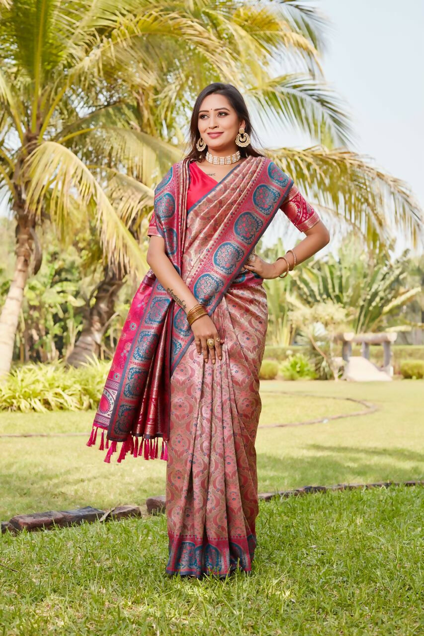 Vastranavya Boutique Collection Kanjivaram Soft Silk Saree With Unstitched Blouse - Coral | Grocsy