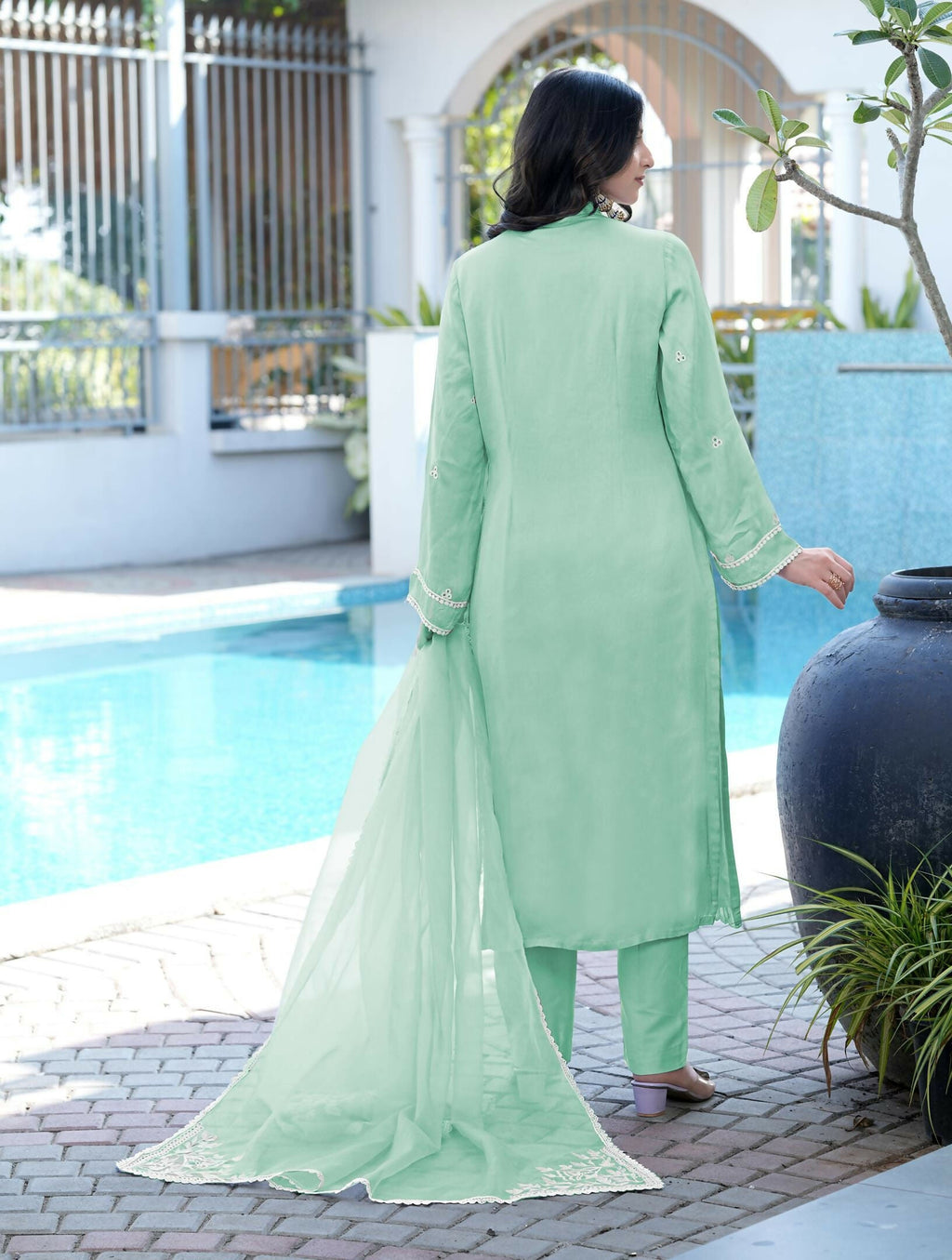 Nikhaar Light Green Embroidered Modal Silk Stitched Straight Cut Kurta Pants Dupatta Readymade Suit | Grocsy