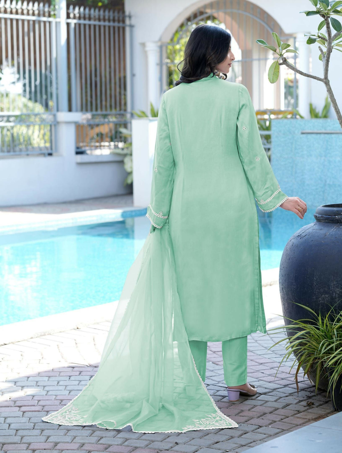 Nikhaar Light Green Embroidered Modal Silk Stitched Straight Cut Kurta Pants Dupatta Readymade Suit | Grocsy