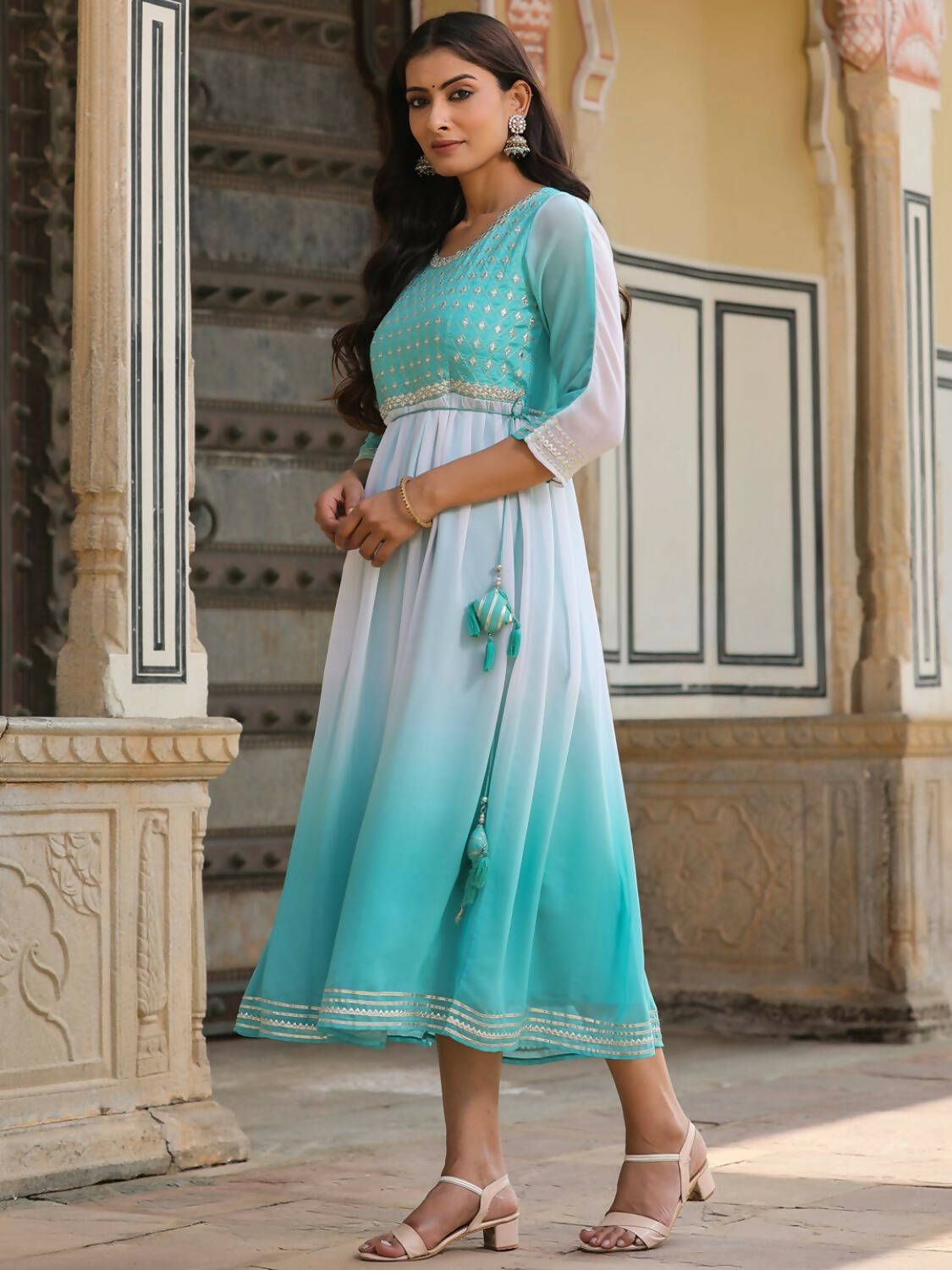 Juniper Women Teal Georgette Embroidered Maxi Dress | Grocsy