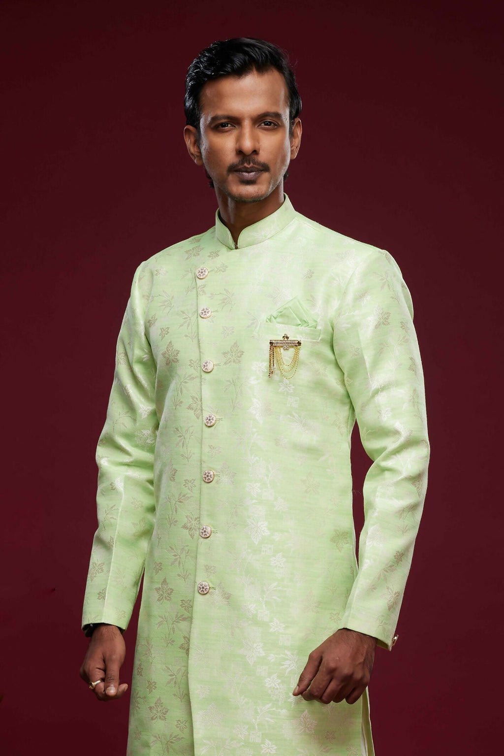 Raivat Ethnic Banarasi Jacquard Embroidery Semi Indo Western Sherwani In Pista Green Colour | Grocsy