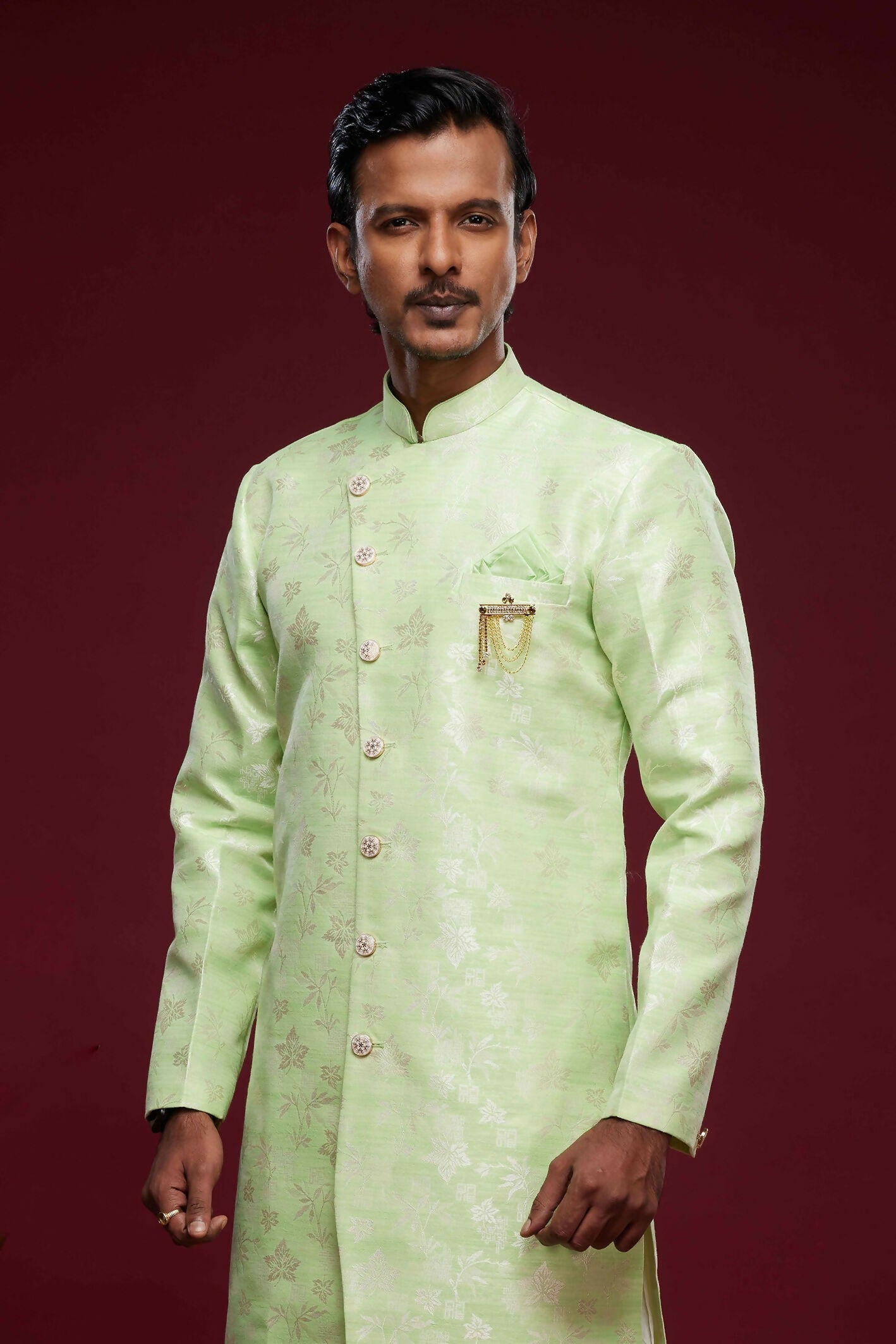 Raivat Ethnic Banarasi Jacquard Embroidery Semi Indo Western Sherwani In Pista Green Colour | Grocsy