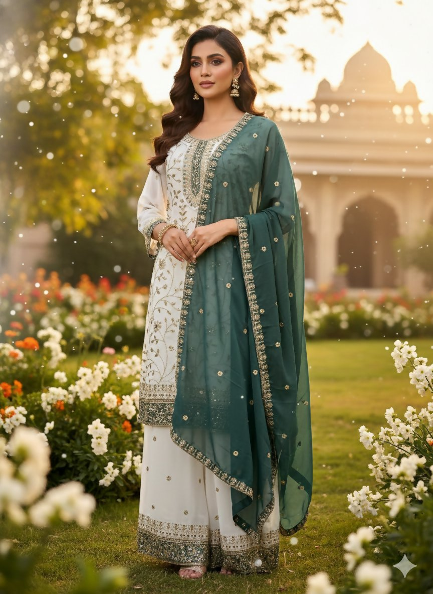 Teeya Creation White Color Faux Georgette Embroidery Work Long Party Wear Palazzo Suit | Grocsy
