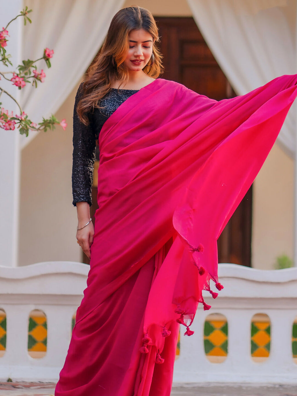 Zibaa Hand-Dyed Mul Cotton Pink Saree with Tassels | Grocsy