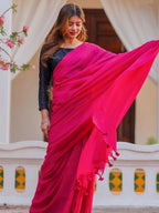 Zibaa Hand-Dyed Mul Cotton Pink Saree with Tassels | Grocsy