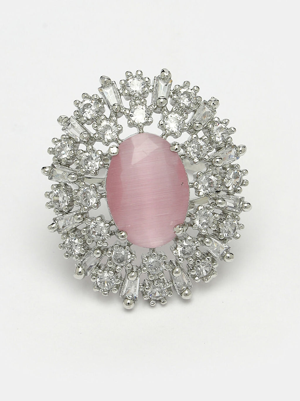 NVR Women's Pink & Silver CZ-Studded Handcrafted Adjustable Finger Ring | Grocsy