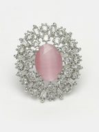 NVR Women's Pink & Silver CZ-Studded Handcrafted Adjustable Finger Ring | Grocsy