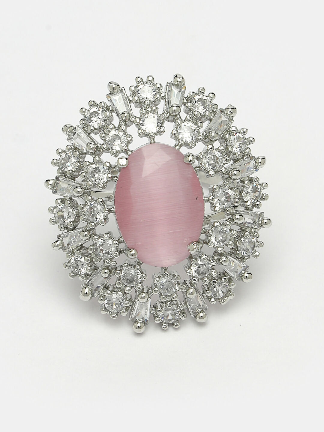 NVR Women's Pink & Silver CZ-Studded Handcrafted Adjustable Finger Ring | Grocsy