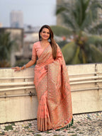 Peach Pashmina Silk Wevon Kashmiri Meenakari Designer Saree with Unstitched Blouse - Vandini | Grocsy