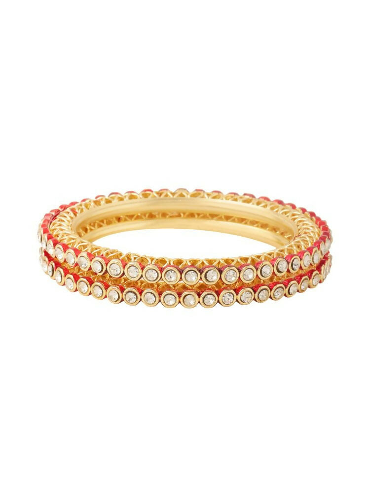 NVR Women Set of 2 Gold-Polished Red Kundan Studded Bangles