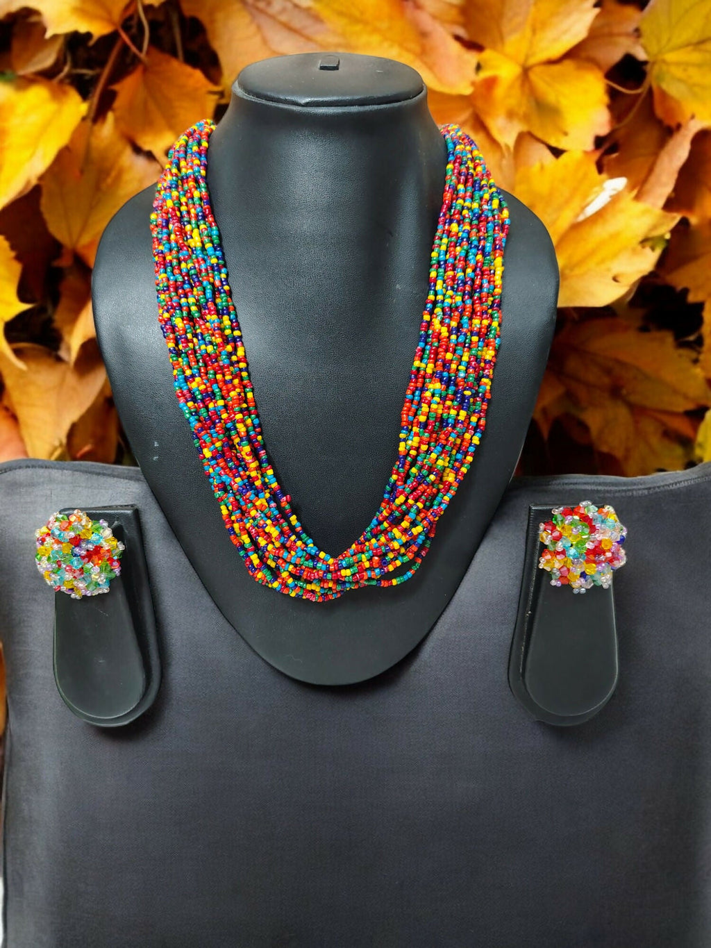 Inhanns Vibrant Handmade 20 Layers Beaded Necklace With Matching Earrings - Multi Colour | Grocsy