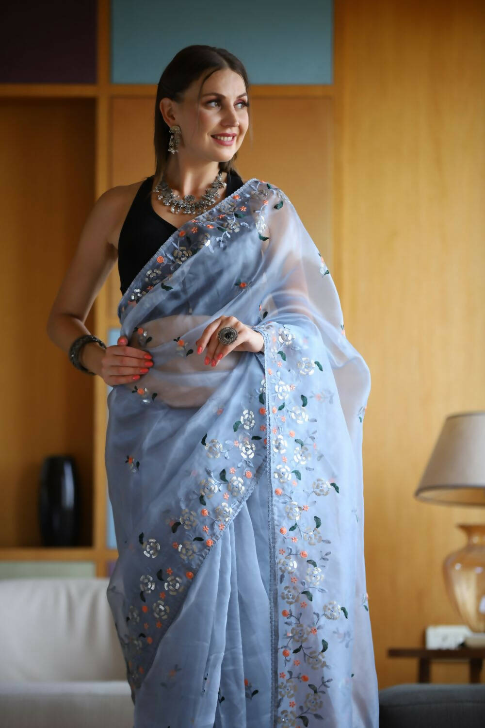 Vamsee Blue Organza Saree | Grocsy