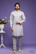 Raivat Ethnic Art Banarasi Silk Thread Work Kurta Pajama In Grey Colour | Grocsy