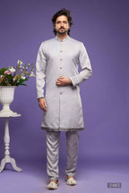 Raivat Ethnic Art Banarasi Silk Thread Work Kurta Pajama In Grey Colour | Grocsy