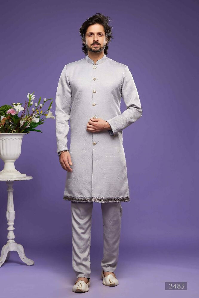 Raivat Ethnic Art Banarasi Silk Thread Work Kurta Pajama In Grey Colour | Grocsy