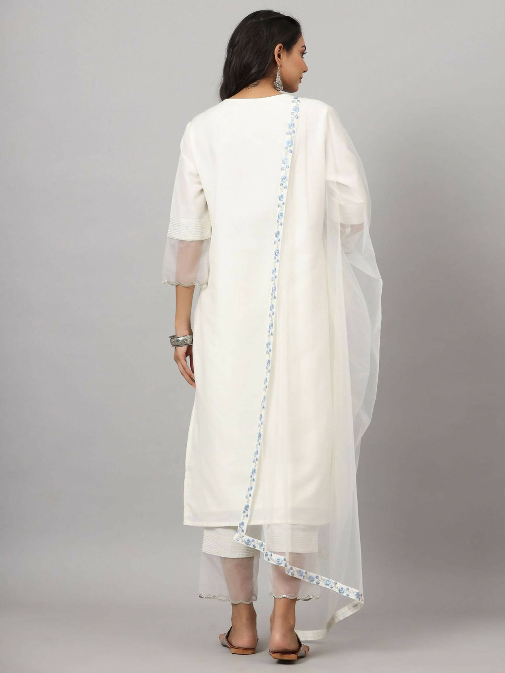 Juniper Women's White Chinnon Solid Embroidered Kurta Set | Grocsy