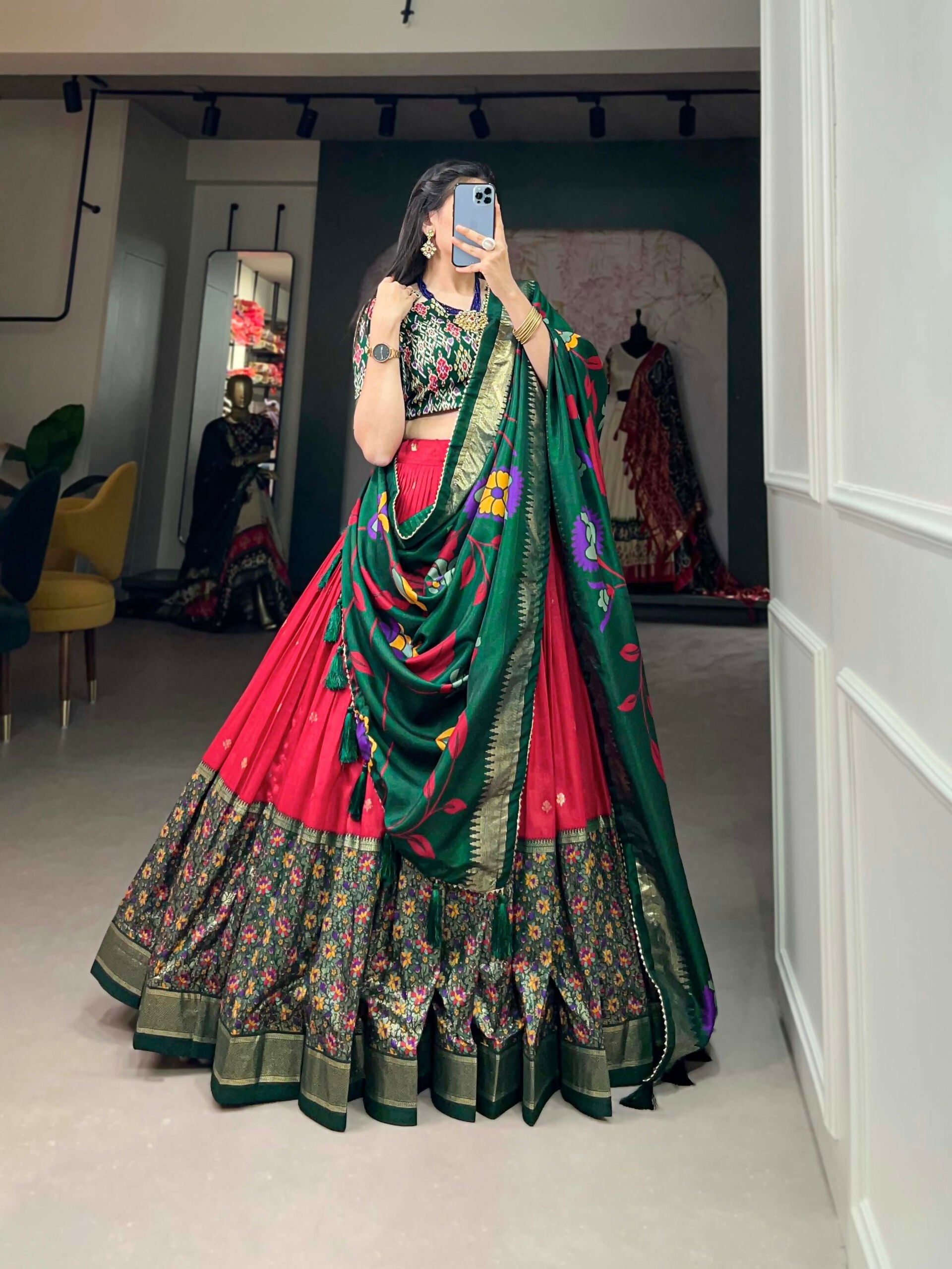 Vastranavya Stunning Look Tussar Silk Printed With Foil Work Indian Lehenga Choli - Red | Grocsy