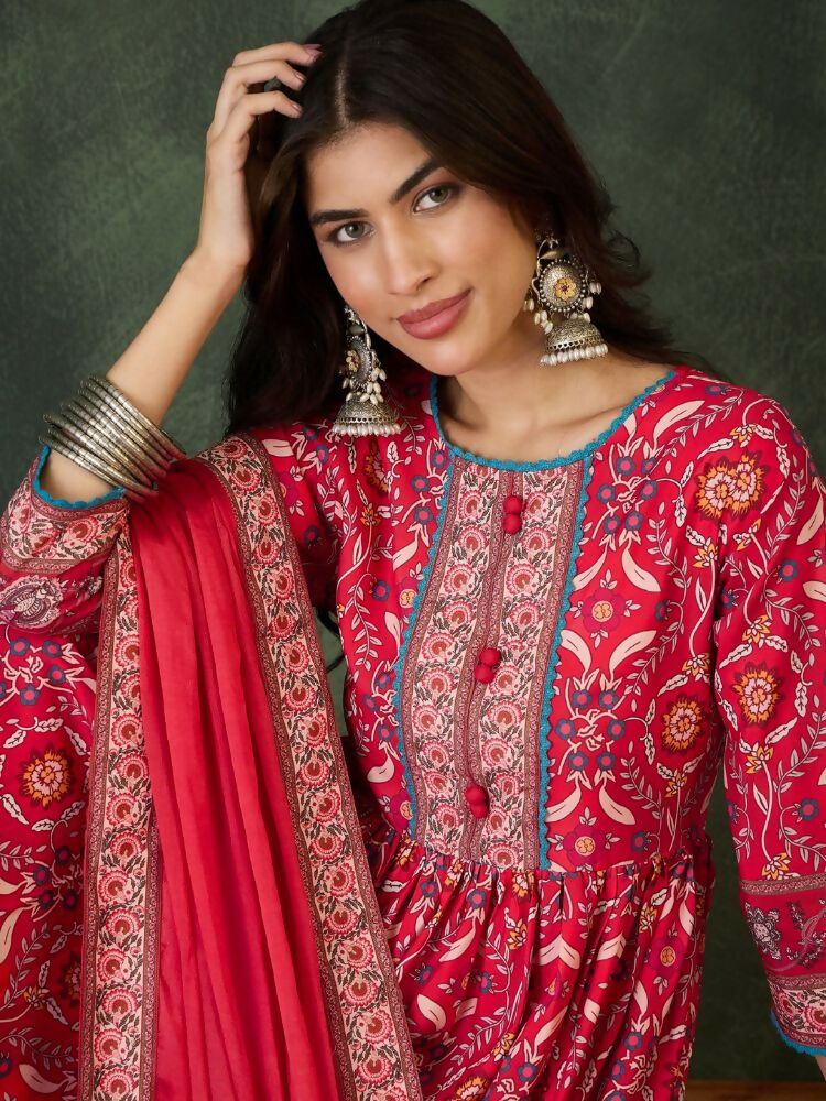 The52 Women's Beautiful Printed Work Rayon Fabric Flared Kurta Pant and Dupatta Set | Grocsy