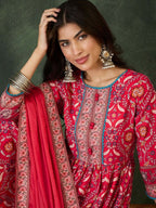 The52 Women's Beautiful Printed Work Rayon Fabric Flared Kurta Pant and Dupatta Set | Grocsy