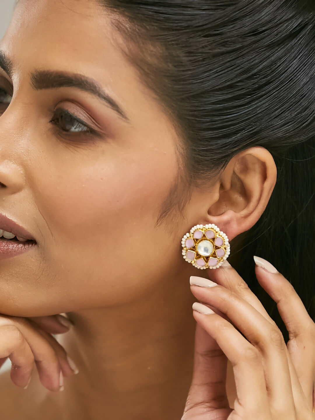 Nuyug 22K Gold-Plated Pink Kundan Studded & Beaded Floral Shaped Studs | Grocsy