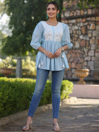 Juniper Women's Blue Cotton Dobby Solid With Embroidered Straight Tunic | Grocsy