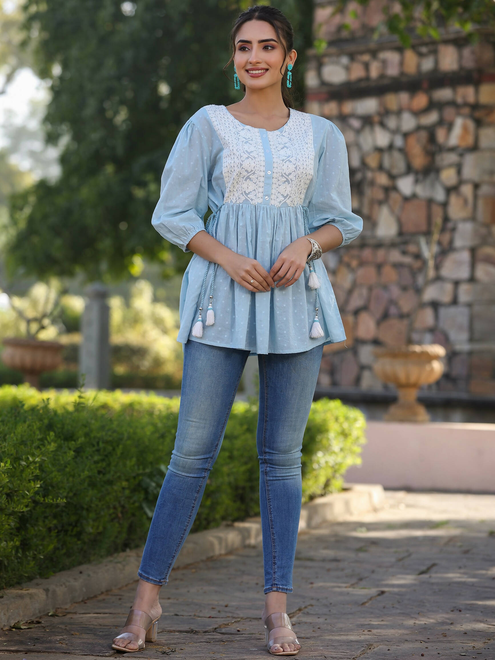 Juniper Women's Blue Cotton Dobby Solid With Embroidered Straight Tunic | Grocsy