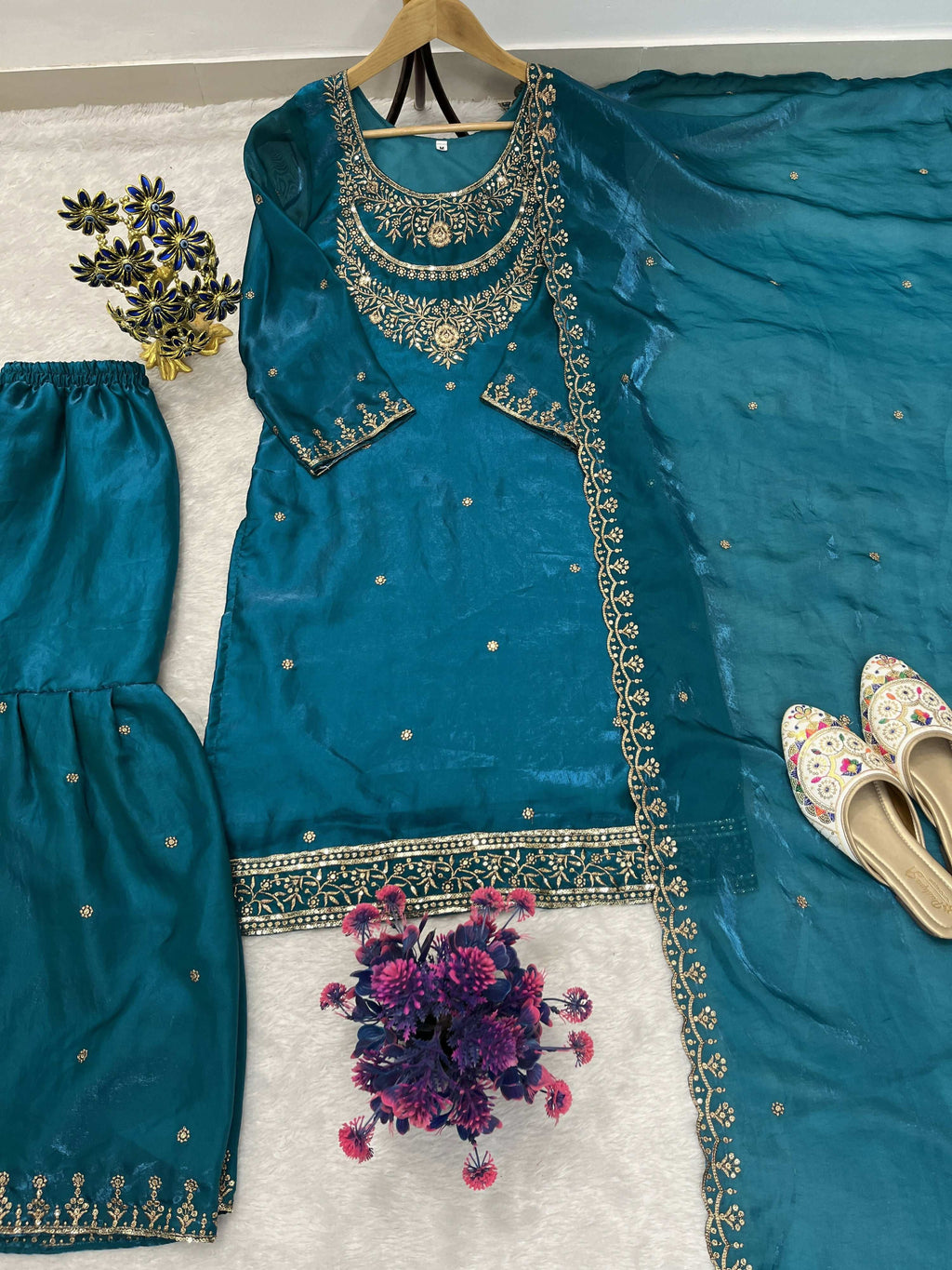 Teeya Creation Teal Color Fendy Satin Silk Heavy Embroidery Work Sharara Suit | Grocsy
