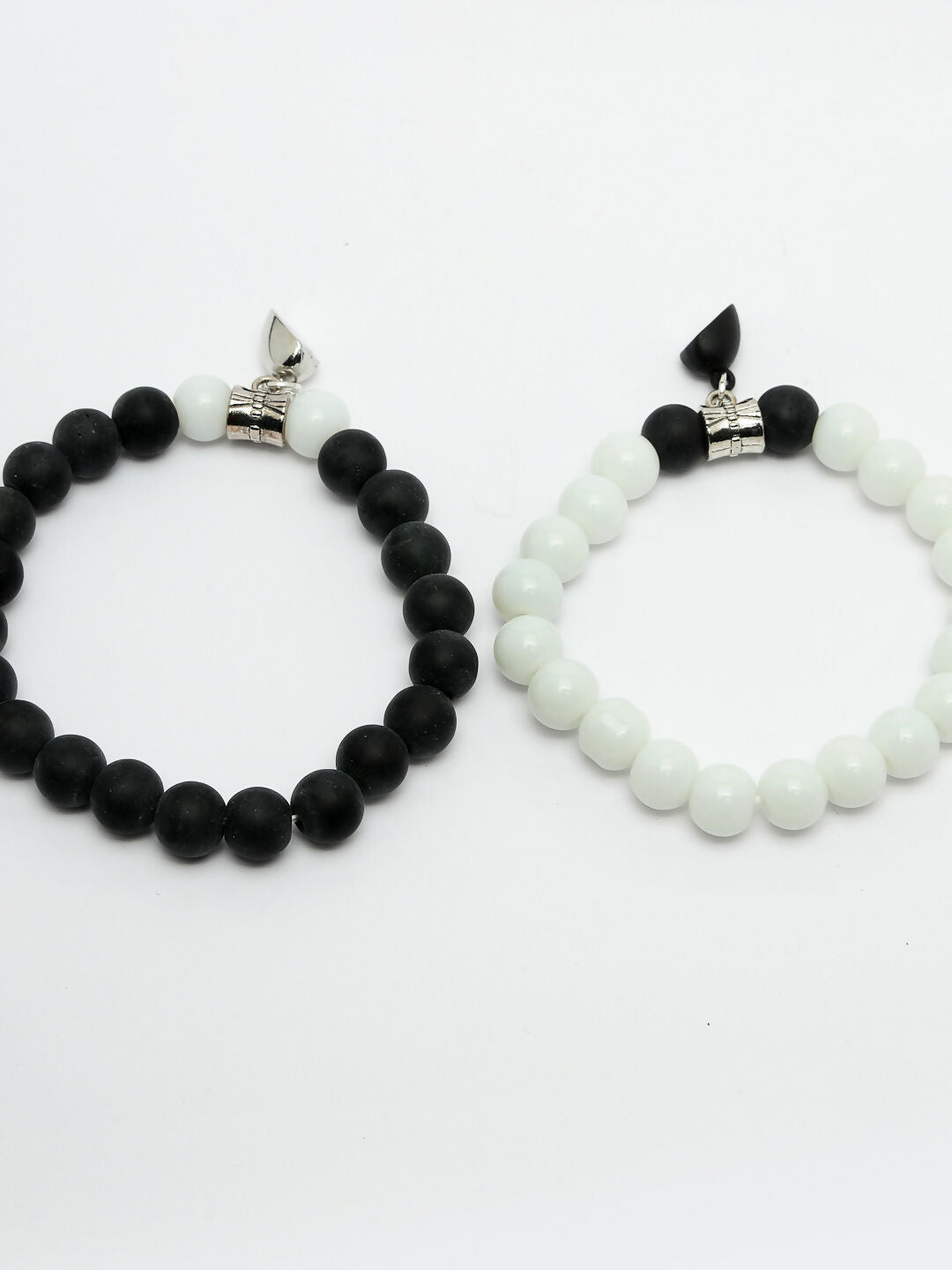 NVR Men & Women Set of 2 Black & White Onyx Handcrafted Elasticated Bracelet