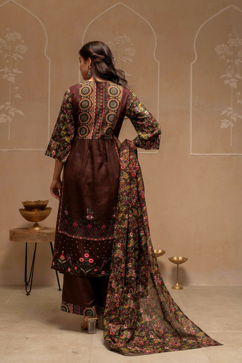 Juniper Brown Floral Viscose Kurta Pant Dupatta Set With Thread Work And Sequence | Grocsy