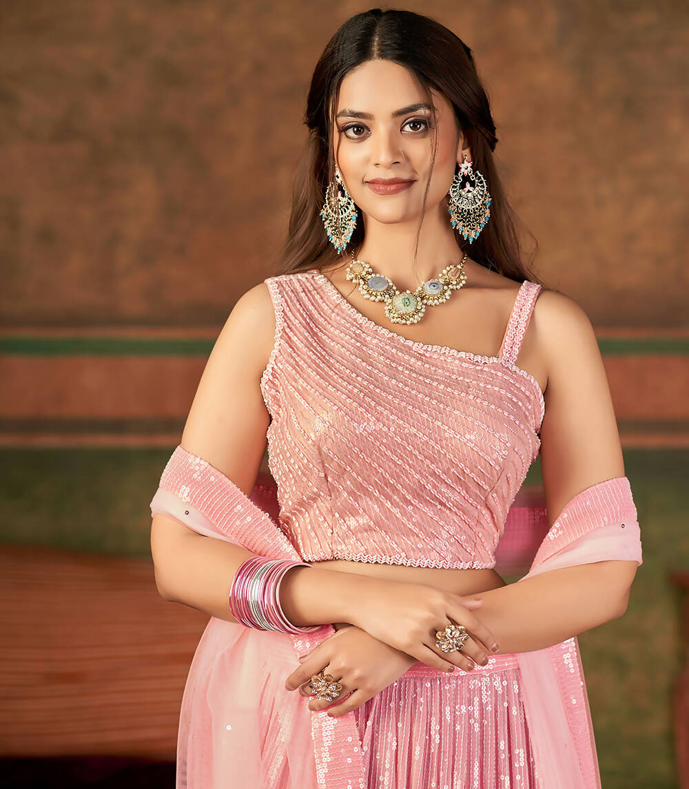 Wedding Designer Pink Nylon Georgette Readymade Lehenga Choli - Anbazaar | Grocsy