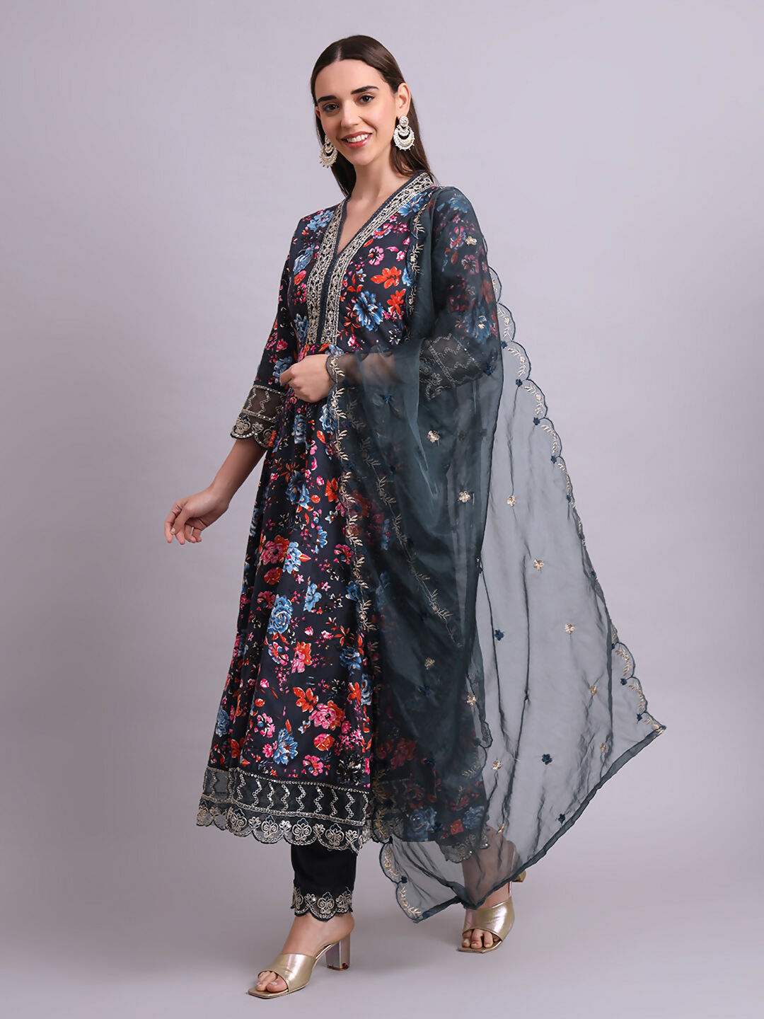Joban Fashion Black Cotton Floral Printed & Embroidery Work Anarkali Kurta With Trousers & Dupatta Set | Grocsy