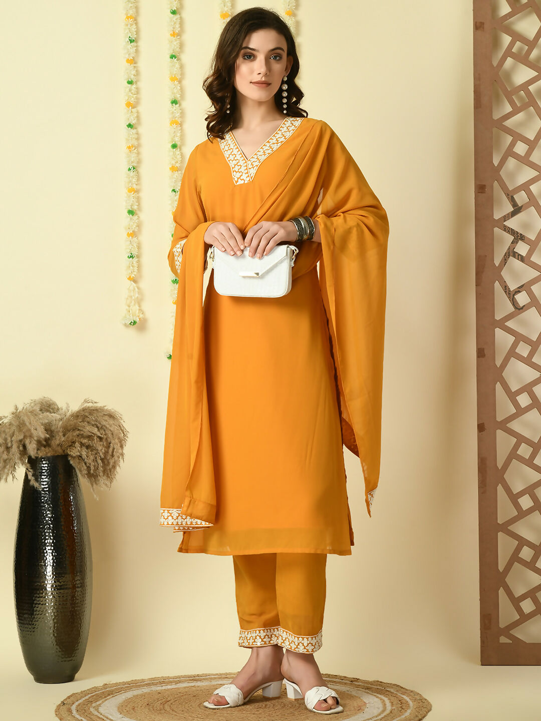 Myshka Women's Mustard Georgette Kurta & Trousers With Dupatta Party Sets | Grocsy